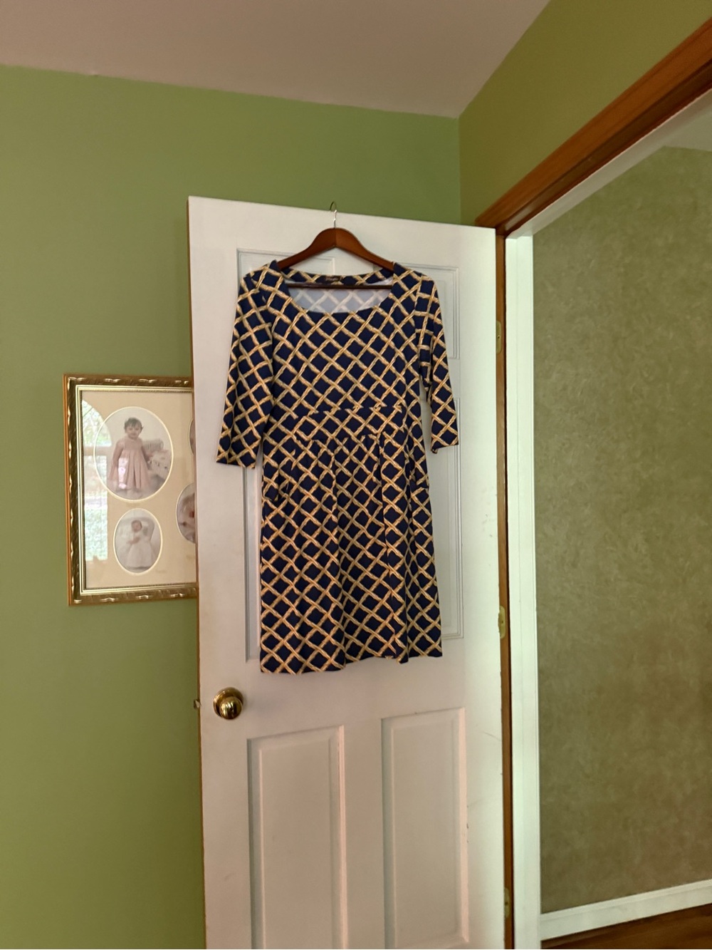 Navy and Gold Geometric-Print Long Sleeve Dress